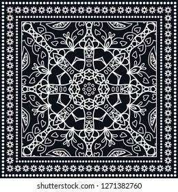Decorative mandala geometric floral background, lace pattern with frame border. Hand drawn line ornament. Bandanna shawl, tablecloth fabric print, silk neck scarf, kerchief design. Black and white
