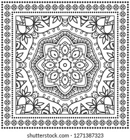 Decorative mandala geometric floral background, lace pattern with frame border. Hand drawn line ornament. Bandanna shawl, tablecloth fabric print, silk neck scarf, kerchief design. Black and white