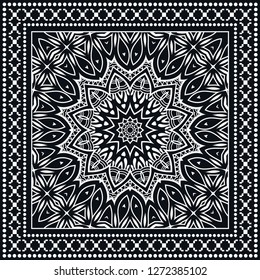 Decorative mandala geometric floral background, lace pattern with frame border. Hand drawn line ornament. Bandanna shawl, tablecloth fabric print, silk neck scarf, kerchief design