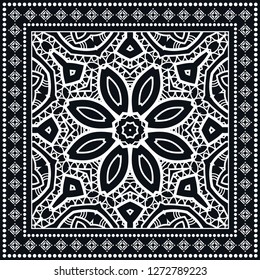 Decorative mandala geometric floral background, lace pattern with frame border. Hand drawn line ornament. Bandanna shawl, tablecloth fabric print, silk neck scarf, kerchief design