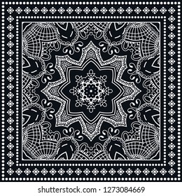 Decorative mandala geometric floral background, lace pattern with frame border. Hand drawn line ornament. Bandanna shawl, tablecloth fabric print, silk neck scarf, kerchief design. Black and white