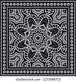 Decorative mandala geometric floral background, lace pattern with frame border. Hand drawn line ornament. Bandanna shawl, tablecloth fabric print, silk neck scarf, kerchief design. Black and white