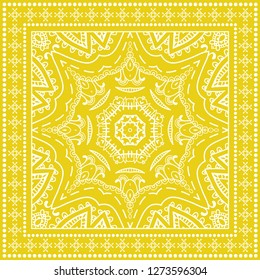 Decorative mandala geometric floral background, lace pattern with frame border. Hand drawn line ornament. Bandanna shawl, tablecloth fabric print, silk neck scarf, kerchief design