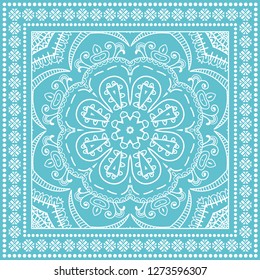 Decorative mandala geometric floral background, lace pattern with frame border. Hand drawn line ornament. Bandanna shawl, tablecloth fabric print, silk neck scarf, kerchief design