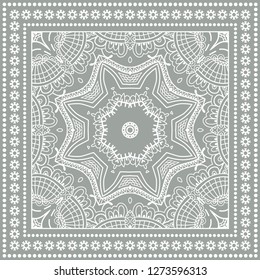 Decorative mandala geometric floral background, lace pattern with frame border. Hand drawn line ornament. Bandanna shawl, tablecloth fabric print, silk neck scarf, kerchief design