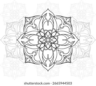 Decorative mandala with geometric and floral elements in a bold line style, perfect for textile prints and wall decor
