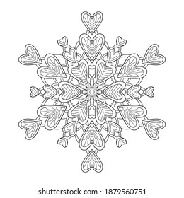 Decorative mandala with heart and floral patterns on white isolated background. For coloring book pages.