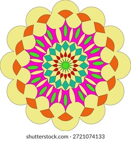 Ilustración decorativa de mandala con Formas armoniosas y colores vibrantes, ideal para el arte digital, papelería y diseños artísticos.
