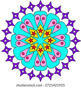 Ilustración decorativa de mandala con Formas armoniosas y colores vibrantes, ideal para el arte digital, papelería y diseños artísticos.