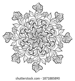 Decorative mandala with iris flowers and leaves, simple patterns on  white isolated background. For coloring book pages, poster, card.