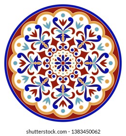decorative mandala isolated on white background, Turkish motif, colorful oriental round pattern ornament, beautiful decorative element for design ceramic, texture, card and tile, vector illustration