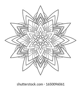 Mandala decorativa con elementos de línea sobre fondo blanco aislado. Para colorear páginas de libros.