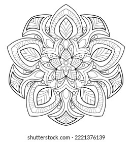 Decorative mandala with line and floral patterns on a white isolated background. For coloring book pages.