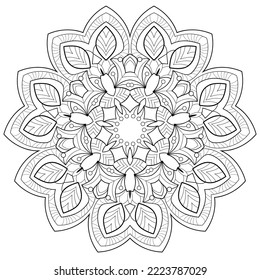 Decorative mandala with lines and floral patterns on a white isolated background. For coloring book pages.
