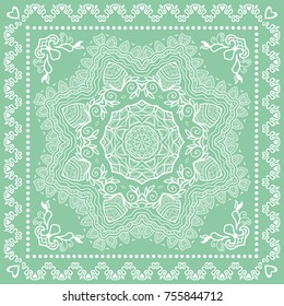 Decorative mandala ornament, geometric floral doodle pattern with ornate lace frame. Tribal ethnic decor. Bandanna shawl, tablecloth fabric print, silk neck scarf, kerchief design