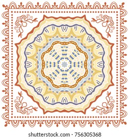 Decorative mandala ornament, geometric floral doodle pattern with ornate lace frame. Tribal ethnic decor. Bandanna shawl, tablecloth fabric print, silk neck scarf, kerchief design
