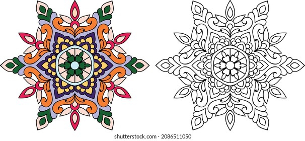 Página de Mandala decorativa página de libros de diseño zen para adultos modelo de ilustración vectorial Vintage, patrón, decorativo, elementos, Henna, Mehndi