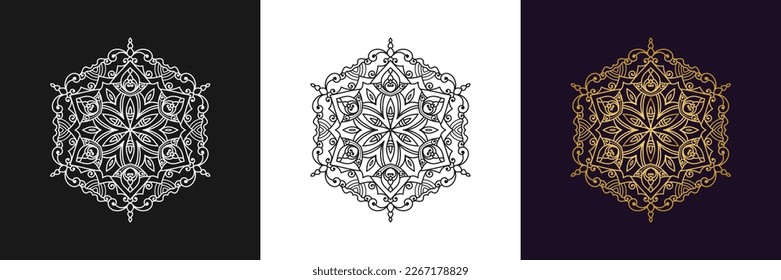 Decorative mandala and pattern for Mehndi, wedding, tattoo, islam, indian, arabic. Outline mandalas coloring book page.
