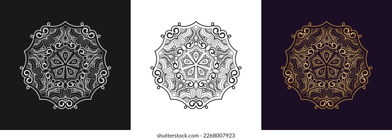 Decorative mandala and pattern for Mehndi, wedding, tattoo, islam, indian, arabic. Outline mandalas coloring book page.
