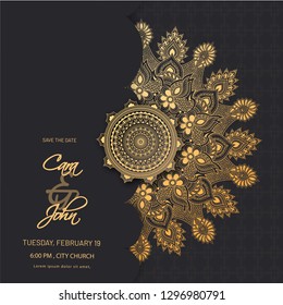 Decorative mandala pattern on black background for wedding party invitation card design. - Powered by Shutterstock - Get 15% off with code: PIKWIZARD15