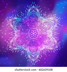 Decorative mandala round pattern with sacred geometry element Metatron Cube, powerful symbol, Flower of Life. Alchemy, philosophy, spirituality. Design music cover, t-shirt, poster, flyer. Astrology.