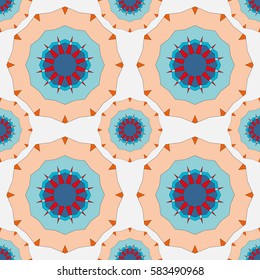 Decorative mandala seamless pattern, colorful tribal ethnic ornament. Seamless abstract geometric background, colored round circular shapes decoration for fabric or paper print