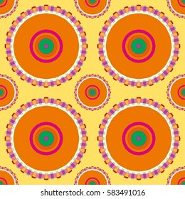 Decorative mandala seamless pattern, colorful tribal ethnic ornament. Seamless abstract geometric background, colored round circular shapes decoration for fabric or paper print