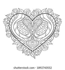 Mandala decorativa en forma de corazón con diferentes patrones, rosas y hojas sobre fondo blanco aislado. Para colorear páginas de libros, tarjeta.