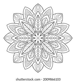 Decorative mandala with simple  floral patterns on a white isolated background. For coloring book pages.