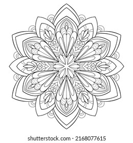 Decorative mandala with simple floral patterns on a white isolated background. For coloring book pages. 