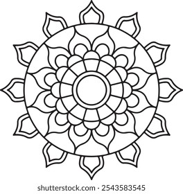 Decorative mandala with striped and floral patterns on white isolated background