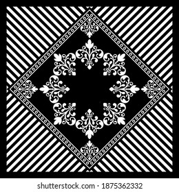 Decorative mandala with striped pattern on black background.Vector design for fashion prints and backgrounds.