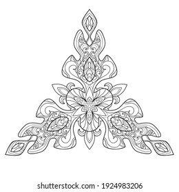 Decorative mandala with stylized wavy and floral patterns on a white isolated background. For coloring book pages.