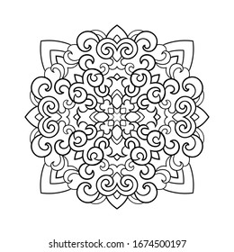 Decorative mandala with swirls and vintage elements on white isolated background. Good for coloring book pages.