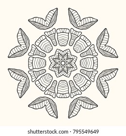 Decorative mandala. Vector illustration. Patterned design element. Round ornament. Symmetric abstract object isolated on light background. Ethnic decorative element. Outline drawing coloring page.