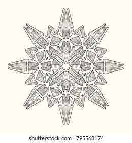 Decorative mandala. Vector illustration. Patterned design element. Round ornament. Symmetric abstract object isolated on light background. Ethnic decorative element. Outline drawing coloring page.