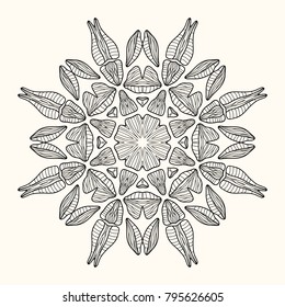Decorative mandala. Vector illustration. Patterned design element. Round ornament. Symmetric abstract object isolated on light background. Ethnic decorative element. Outline drawing coloring page.