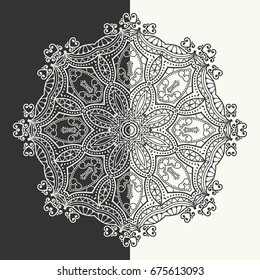 Decorative mandala vintage pattern for print, embroidery design. Stylized floral round ornament. Tribal ethnic arabic, indian decor. Black and white graphic background