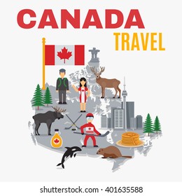 Decorative map canada poster with flag national food hockey skyscrapers and spruces on white background vector illustration