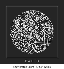 Decorative Map of the city center of Paris, France on a black background.