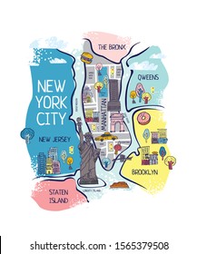 Decorative map of new York hand drawn in a modern flat style on a white background. Sights, symbols, areas of the city for tourist guide. Promo for textiles. Poster for kids. Cute vector illustration.