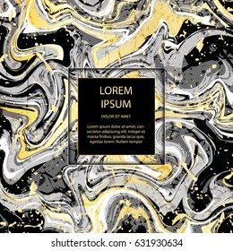 Decorative marble texture card design. Texture with liquid paint. Can be used for banners, posters, invitations. Golden ink paints. Contemporary art.