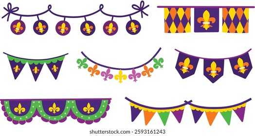 Decorative Mardi Gras banners, buntings, and frames featuring fleur de lis and argyle pattern. Hand drawn vector illustrations.