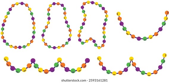 Decorative Mardi Gras bead necklaces and borders. Perfect for decorating posters, invitation cards, social media graphics and more. Hand drawn vector illustrations.