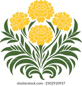 Decorative Marigold flowers symbol. Red and orange tagetes or cempasuchil blooming flowers, Mexican Dia de los Muertos, Day of Dead holiday and Indian Diwali festival vector floral decorations