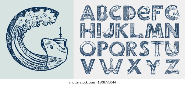 Decorative marine alphabet in ancient style. Waves and the sea in letters. Old Font for labels. Vintage typeface. Editable and layered monogram. Hand drawn engraved sketch. Vector illustration