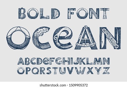 Decorative marine alphabet in ancient style. Waves and the sea in letters. Old Font for labels. Vintage typeface. Editable and layered monogram. Hand drawn engraved sketch. Vector illustration