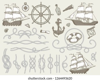 Decorative marine elements. Sea rope frames, sailing boat or nautic ship steering wheel and nautical ropes corners. Ocean marine ships and seashell. Seaside vector isolated icons set