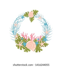 Decorative marine wreath of blue branches with pink shells. Vector illustration.