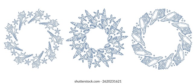 Decorative marine-themed circular patterns featuring shells and starfish in blue outlines